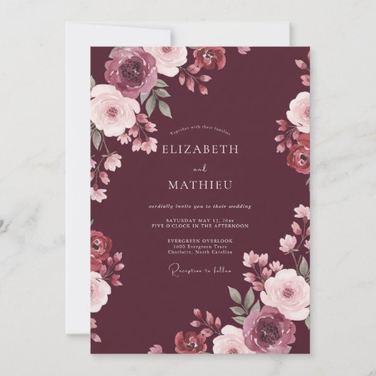 Invitation Mariage aquarelle botanique vin (Devant)