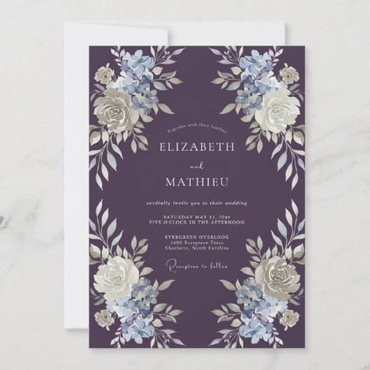 Invitation Mariage aquarelle botanique violet foncé (Devant)