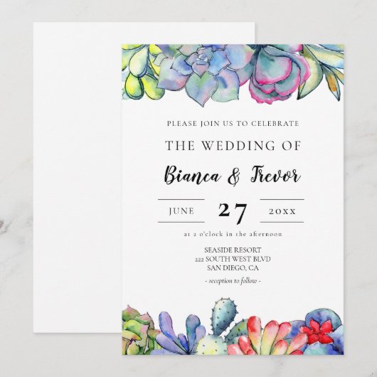 Invitation Mariage aquarelle cactus succulent (Devant / Derrière)