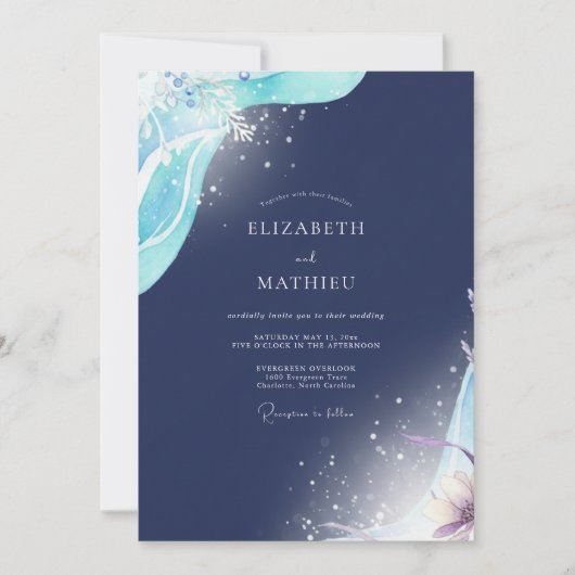 Invitation Mariage Aquarelle Céleste Navy (Devant)