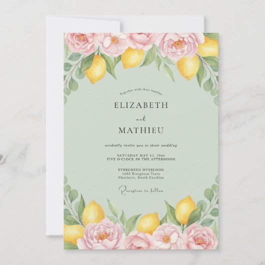 Invitation Mariage aquarelle Citron Citrus (Devant)