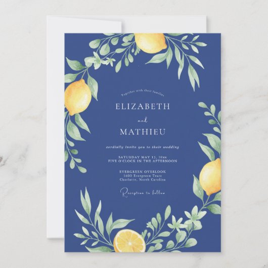 Invitation Mariage aquarelle citron indigo (Devant)