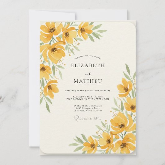 Invitation Mariage Aquarelle Coquelicot Doré (Devant)