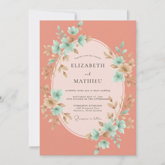Invitation Mariage aquarelle corail aqua (Devant)