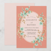 Invitation Mariage aquarelle corail aqua (Devant / Derrière)