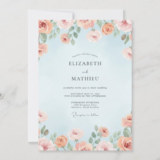 Invitation Mariage aquarelle corail céleste (Devant)