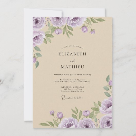 Invitation Mariage aquarelle crème lilas (Devant)