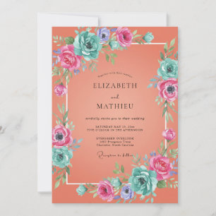 Invitation Mariage Aquarelle Cyan Corail