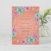 Invitation Mariage Aquarelle Cyan Corail (Debout devant)