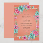 Invitation Mariage Aquarelle Cyan Corail (Devant / Derrière)