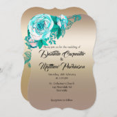 Invitation Mariage aquarelle de roses turquoise et or (Devant / Derrière)