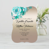Invitation Mariage aquarelle de roses turquoise et or (Debout devant)