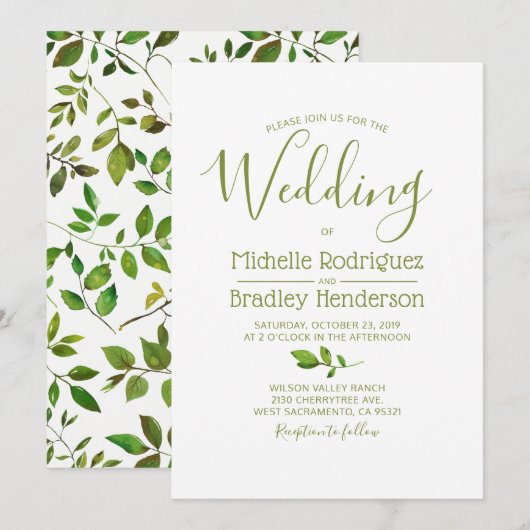 Invitation Mariage aquarelle de verdure d'arbre moderne de fe (Devant / Derrière)