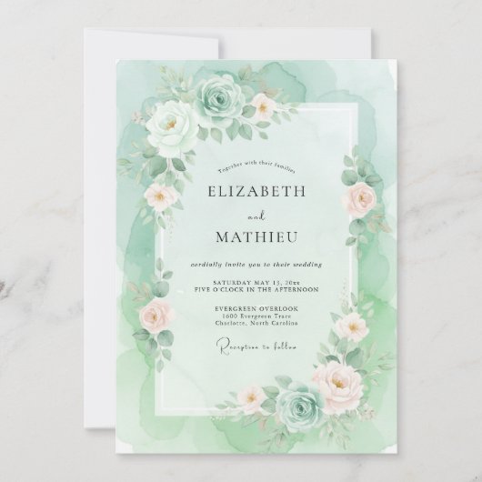 Invitation Mariage Aquarelle Douce Menthe (Devant)