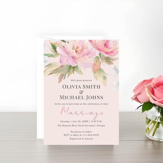Invitation Mariage Aquarelle Elegant de pivoine rose