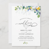 Invitation Mariage aquarelle élégant floral jaune et bleu (Devant)