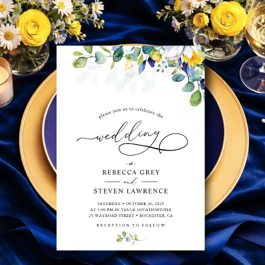 Invitation Mariage aquarelle élégant floral jaune et bleu