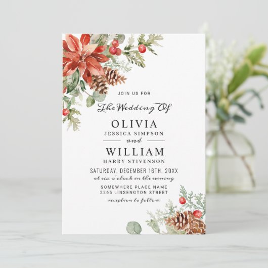 Invitation Mariage aquarelle élégant poinsettia rouge sapin d (Debout devant)