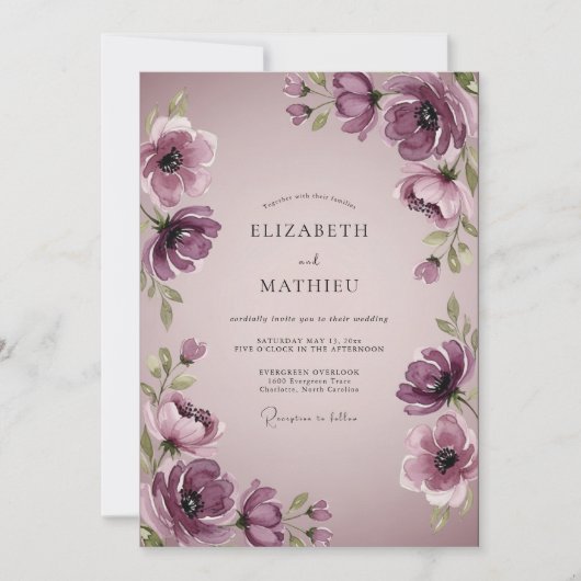 Invitation Mariage aquarelle élégant prune (Devant)