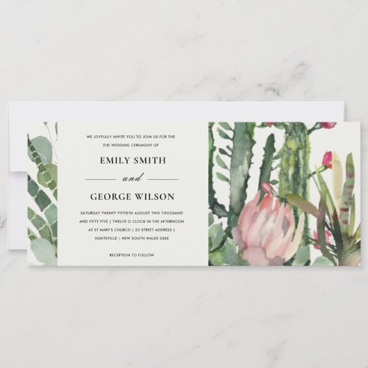 INVITATION MARIAGE AQUARELLE FAUNE CACTUS FLEURS ROSES BOHO (Devant)