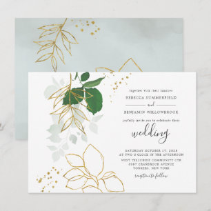 Invitation Mariage aquarelle feuille d'or Eucalyptus verdure