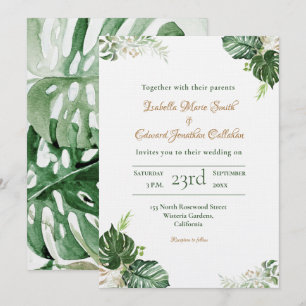 Invitation Mariage Aquarelle Feuilles de Monstera Vert Tropic