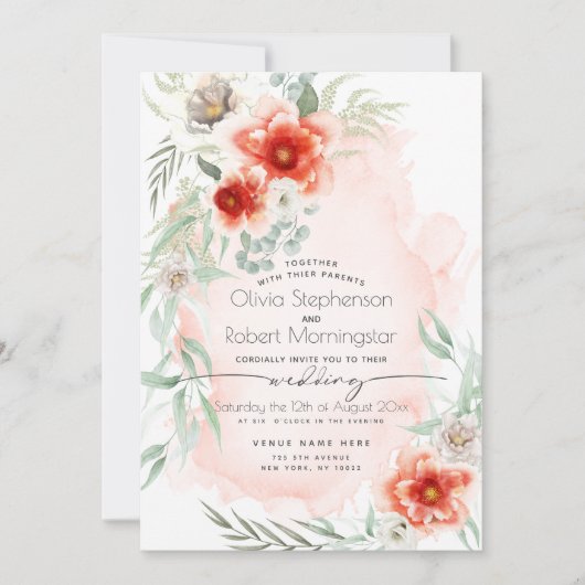 Invitation Mariage | Aquarelle Flame Fleurs d'araignée (Devant)