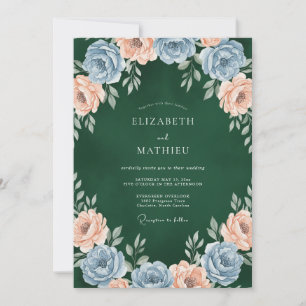 Invitation Mariage aquarelle fleur bleue pêche émeraude