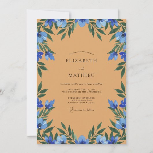Invitation Mariage Aquarelle Fleur de Bleuet Ocre (Devant)