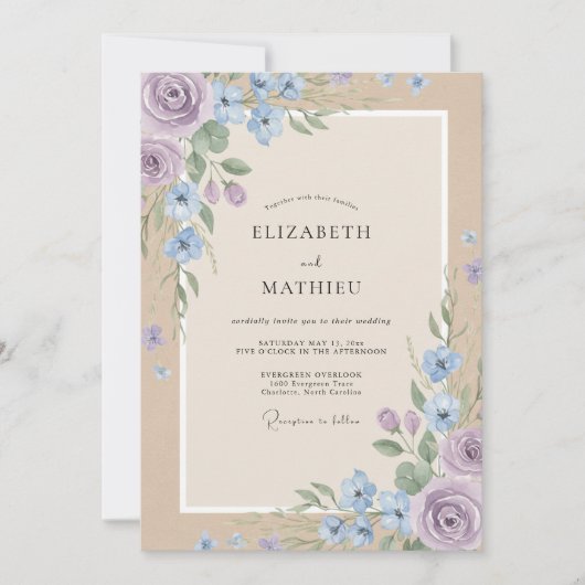 Invitation Mariage Aquarelle Fleur de Bleuet Violet (Devant)