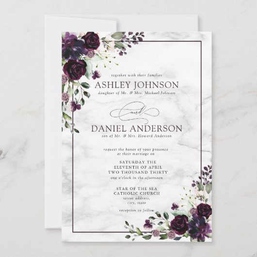 Invitation Mariage aquarelle Fleur de Prune Pourpre Formel (Devant)