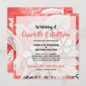 Invitation Mariage aquarelle fleuri bohème rose corail (Devant / Derrière)