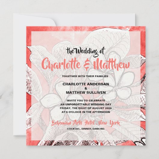 Invitation Mariage aquarelle fleuri bohème rose corail (Devant)