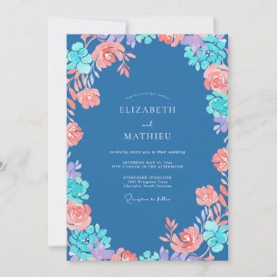 Invitation Mariage Aquarelle Fleurie Bleu Acier Corail