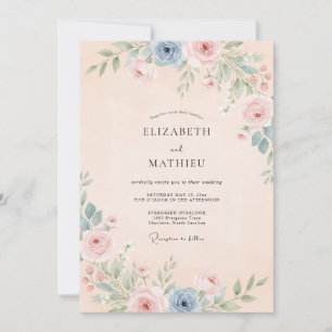 Invitation Mariage Aquarelle Fleurie Bleu Douce Pêche