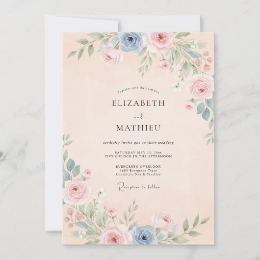 Invitation Mariage Aquarelle Fleurie Bleu Douce Pêche (Devant)