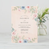 Invitation Mariage Aquarelle Fleurie Bleu Douce Pêche (Debout devant)