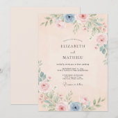 Invitation Mariage Aquarelle Fleurie Bleu Douce Pêche (Devant / Derrière)