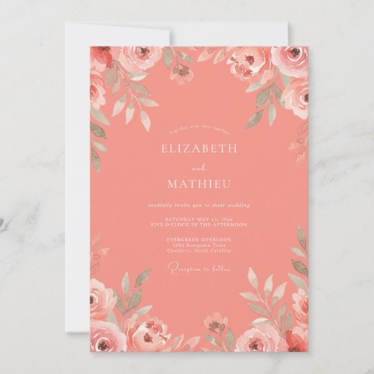 Invitation Mariage Aquarelle Fleurs Rose Corail (Devant)