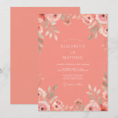 Invitation Mariage Aquarelle Fleurs Rose Corail (Devant / Derrière)