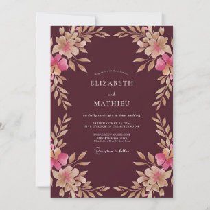 Invitation Mariage aquarelle floral Champagne bordeaux