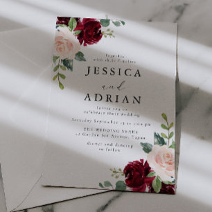Invitation Mariage aquarelle floral classique bordeaux et ros