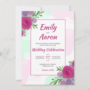 Invitation Mariage aquarelle floral rose magenta baie menthe