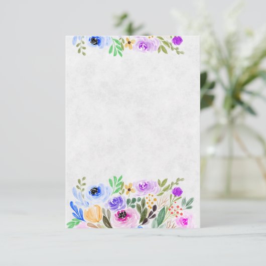 Invitation Mariage aquarelle floral violet et bleu clair (Debout devant)