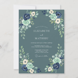 Invitation Mariage aquarelle florale bleu ardoise marine