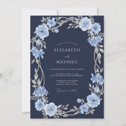 Invitation Mariage aquarelle florale bleu argent Navy (Devant)