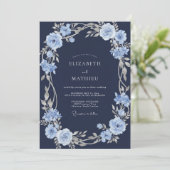 Invitation Mariage aquarelle florale bleu argent Navy (Debout devant)
