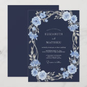 Invitation Mariage aquarelle florale bleu argent Navy (Devant / Derrière)