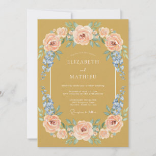 Invitation Mariage aquarelle florale bleu pêche doré