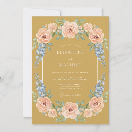 Invitation Mariage aquarelle florale bleu pêche doré (Devant)